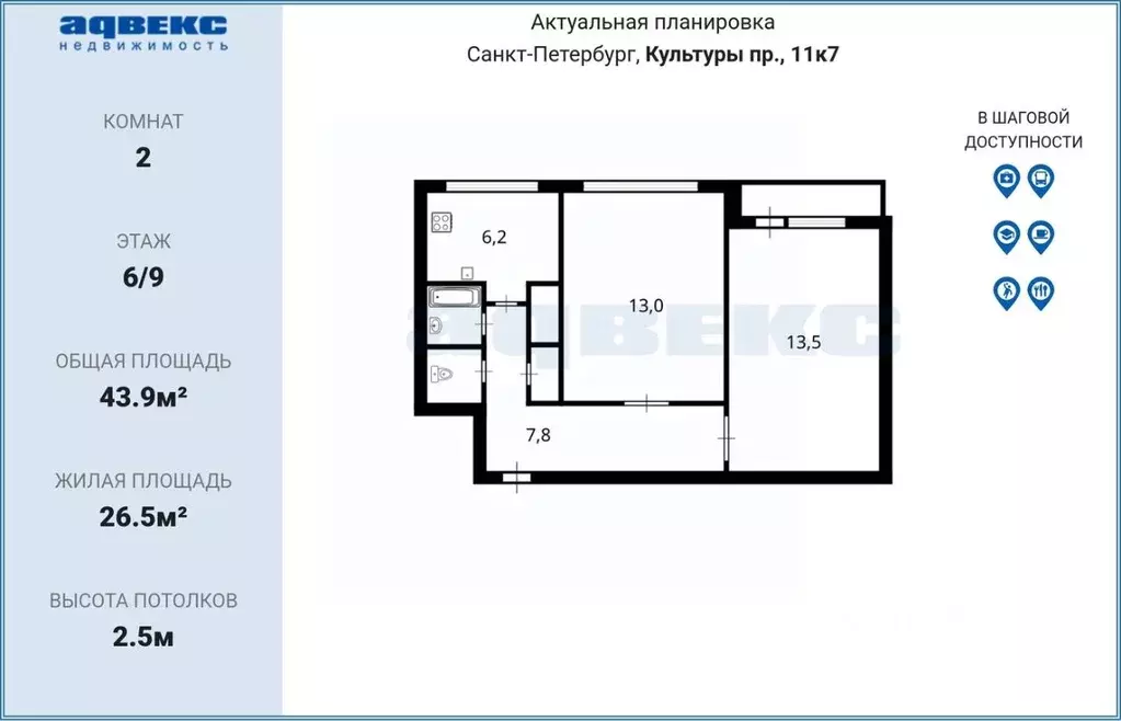 2-к кв. Санкт-Петербург просп. Культуры, 11К7 (43.9 м) - Фото 1