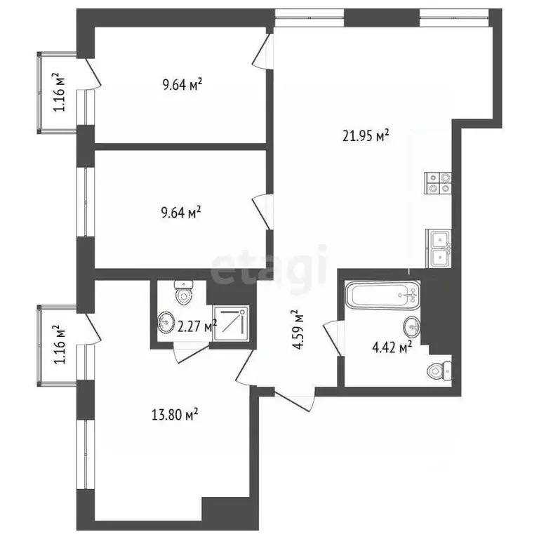 3-к кв. Тюменская область, Тюмень ул. Геннадия Райкова, 19 (66.1 м) - Фото 2