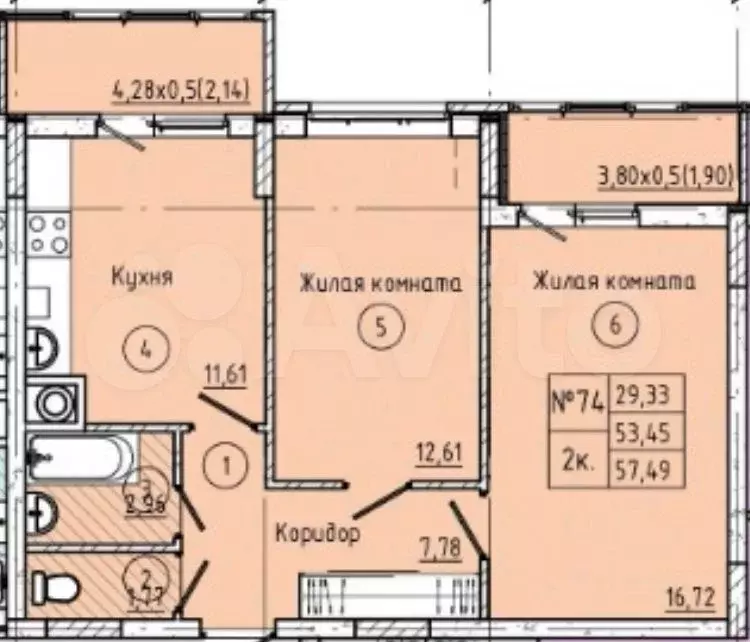 2-к. квартира, 63,5 м, 1/9 эт. - Фото 0