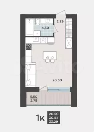 Квартира-студия, 33,3 м, 6/9 эт. - Фото 1