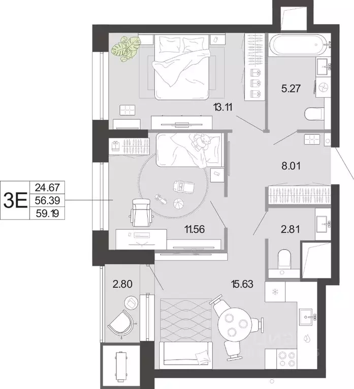 2-к кв. Тульская область, Тула ул. Фридриха Энгельса, 74 (59.19 м) - Фото 2