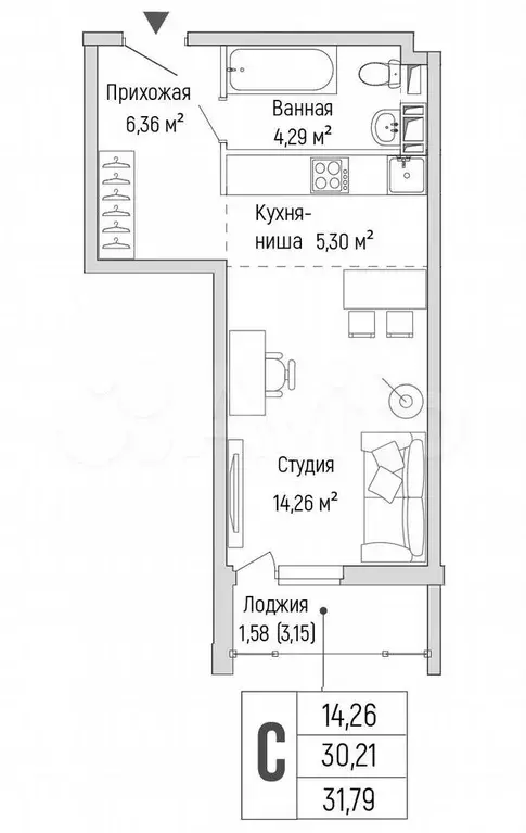 Квартира-студия, 31,8 м, 8/9 эт. - Фото 0