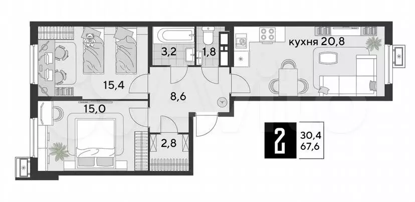 2-к. квартира, 67,6 м, 12/18 эт. - Фото 1