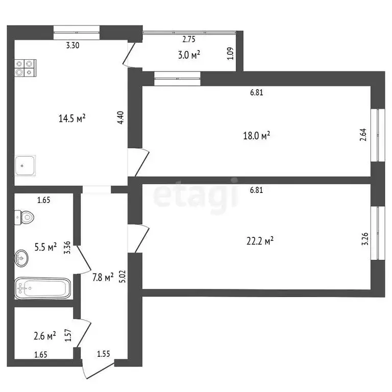 2-комнатная квартира: Тюмень, микрорайон Тарманы, улица Малышева, 14 ... - Фото 1