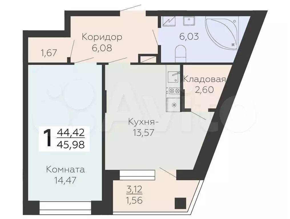 1-к. квартира, 46 м, 3/23 эт. - Фото 0