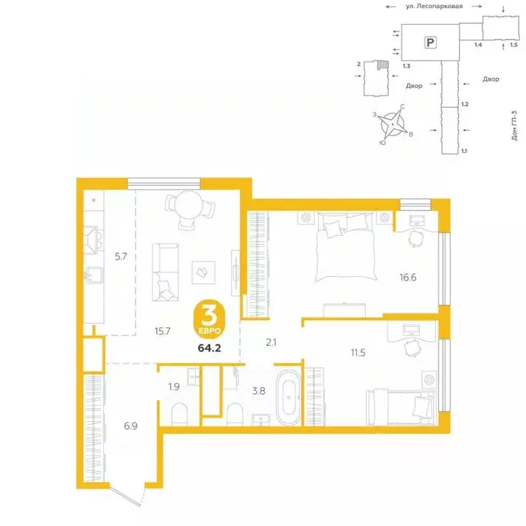 3-к кв. Тюменская область, Тюмень ул. Лесопарковая, 20 (64.2 м) - Фото 1