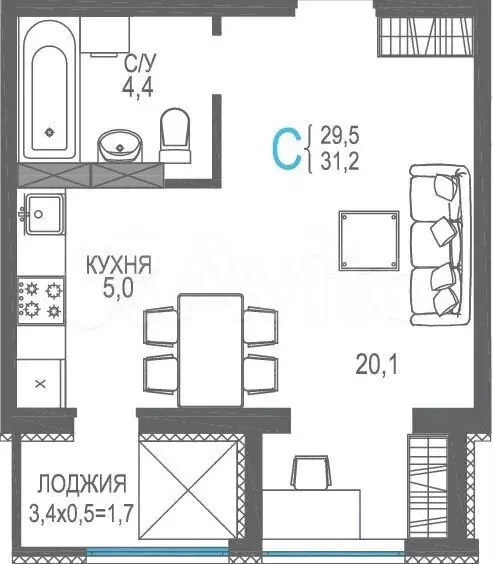 Квартира-студия, 32,9 м, 8/9 эт. - Фото 0