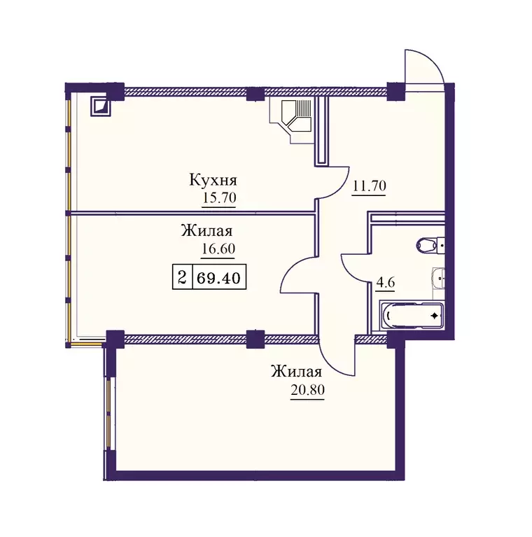 2-к квартира, 69.4 м - Фото 0