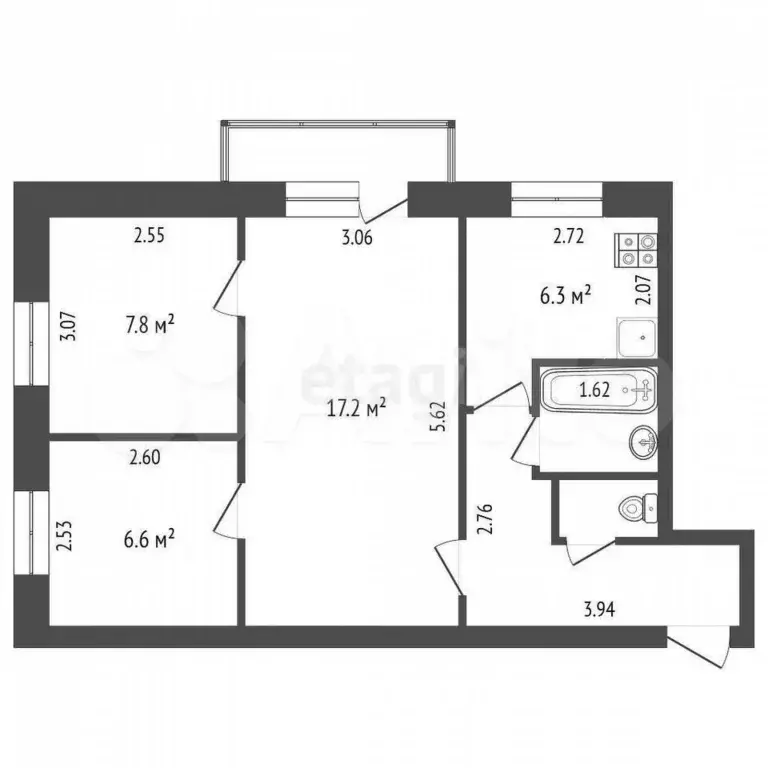 3-к. квартира, 47,6 м, 2/5 эт. - Фото 0