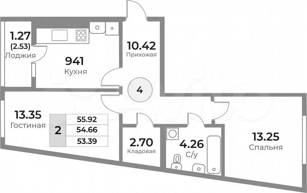 2-к. квартира, 56 м, 1/10 эт. - Фото 1