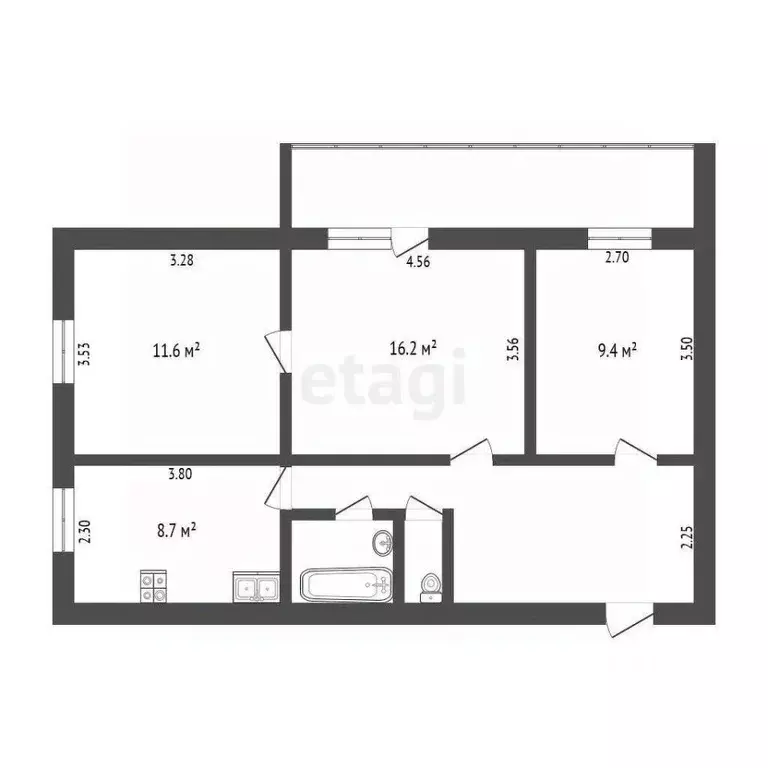 3-к кв. Тюменская область, Тюмень ул. Малыгина, 58 (65.3 м) - Фото 1