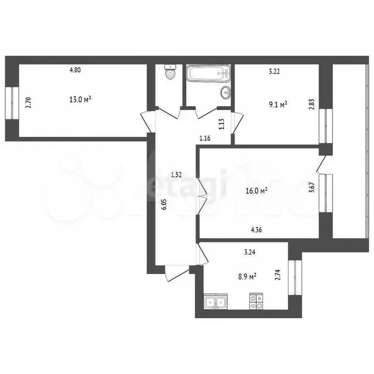 3-к. квартира, 61,1 м, 4/9 эт. - Фото 0