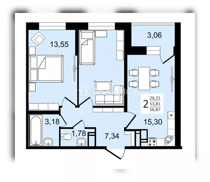 Квартира, 2 комнаты, 52.9 м - Фото 0