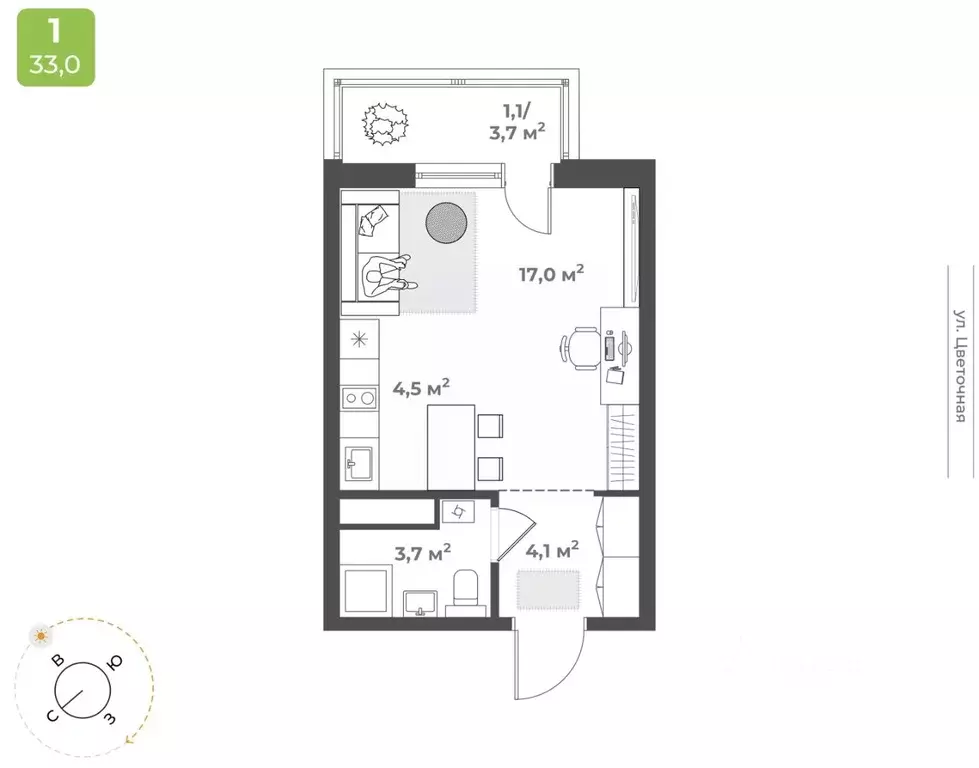 Студия Тверская область, Тверь Соминка мкр,  (30.4 м) - Фото 1