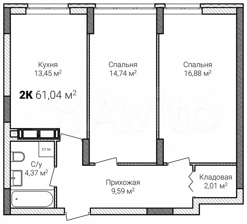 2-к. квартира, 61 м, 13/15 эт. - Фото 0
