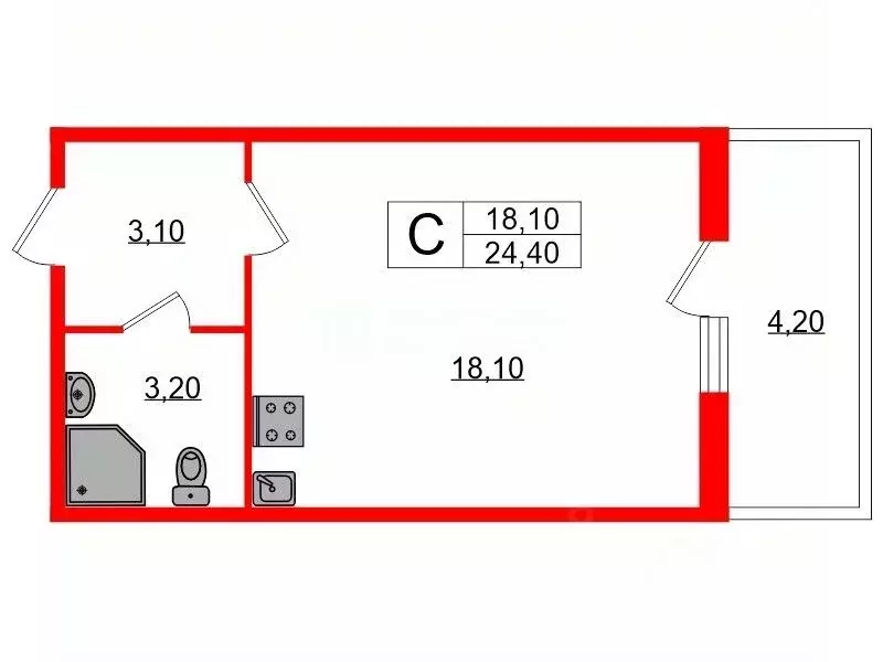 Студия Санкт-Петербург ул. Новосергиевская, 3 (24.4 м) - Фото 1