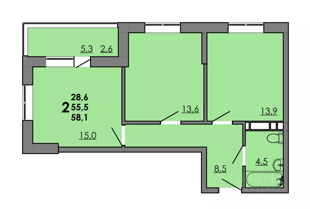 2-к кв. Ростовская область, Ростов-на-Дону Левенцовский мкр,  (58.1 м) - Фото 1
