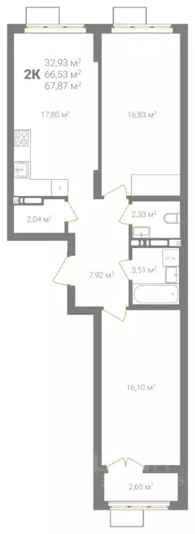 2-к кв. Нижегородская область, Нижний Новгород Ветеринарная ул. (67.87 ... - Фото 2