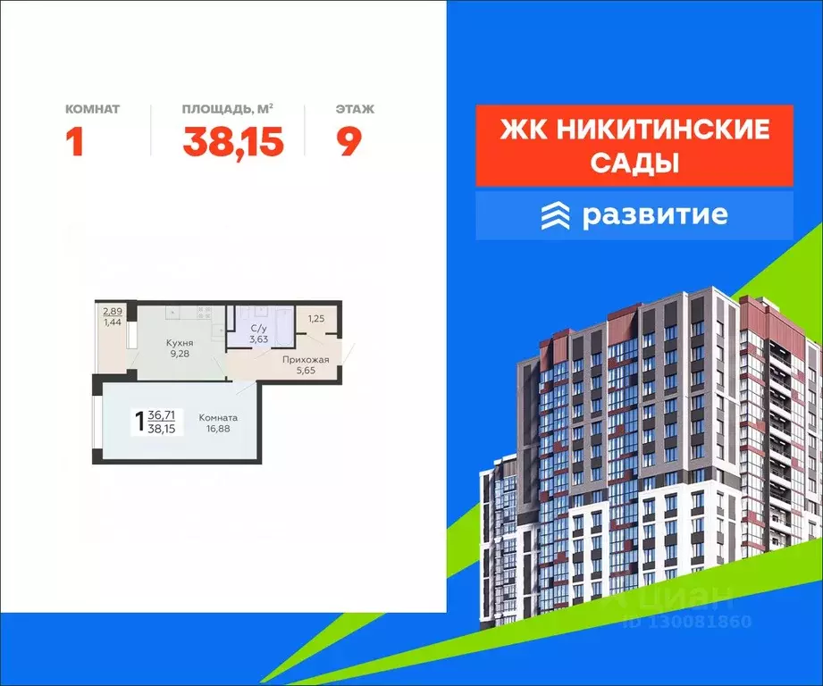 1-к кв. Воронежская область, Воронеж Никитинские сады жилой комплекс ... - Фото 1