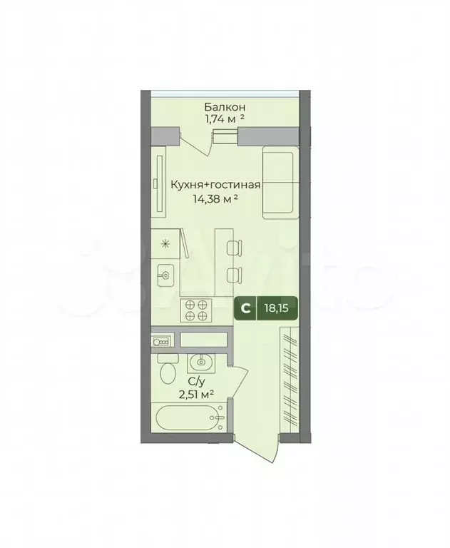 Квартира-студия, 18,2 м, 3/10 эт. - Фото 1