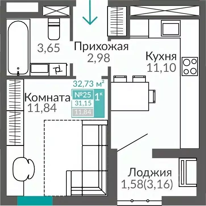 1-к кв. Крым, Симферополь Горизонты жилой комплекс (31.15 м) - Фото 0