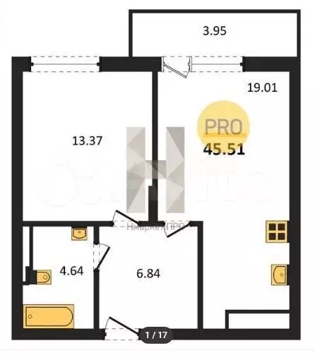 1-к. квартира, 45,5 м, 7/7 эт. - Фото 1