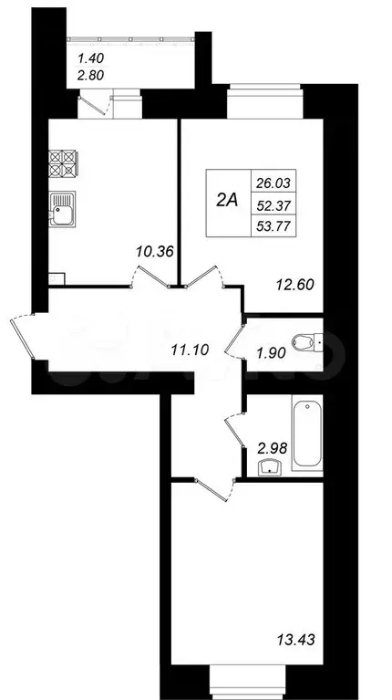 2-к. квартира, 53,8 м, 5/10 эт. - Фото 0