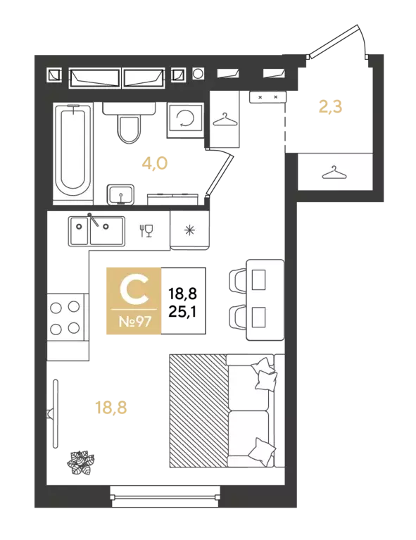 квартира-студия, 25.1 м - Фото 0