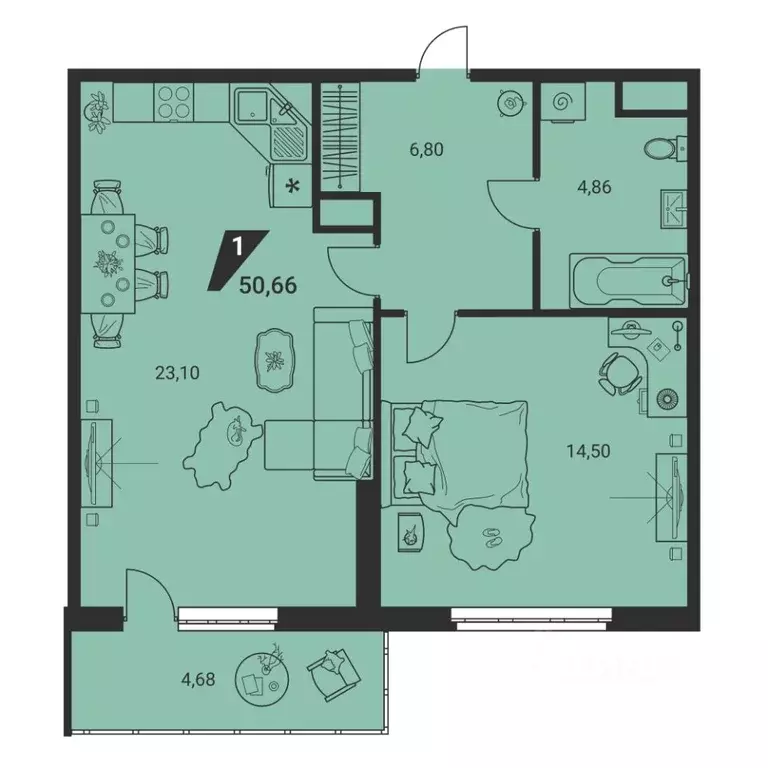 1-к кв. Свердловская область, Екатеринбург ул. Громова, 26/3 (50.8 м) - Фото 2