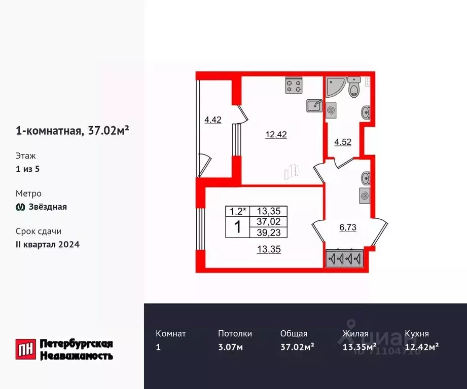 1-к кв. Санкт-Петербург Пулковское ш., 95к3 (37.02 м) - Фото 0