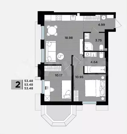 2-к. квартира, 53,5 м, 5/5 эт. - Фото 1