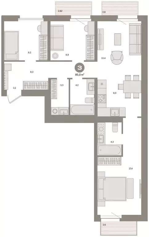 3-комнатная квартира: Екатеринбург, жилой район Юго-Западный, жилой ... - Фото 2