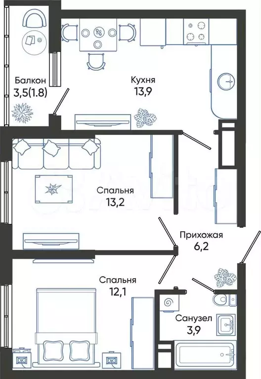 2-к. квартира, 51,1 м, 22/24 эт. - Фото 0