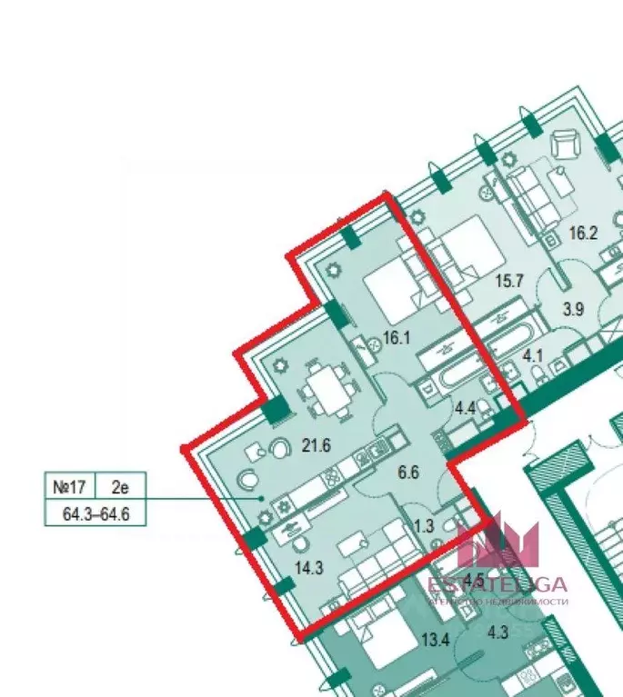 Квартира, 2 комнаты, 64.4 м - Фото 2