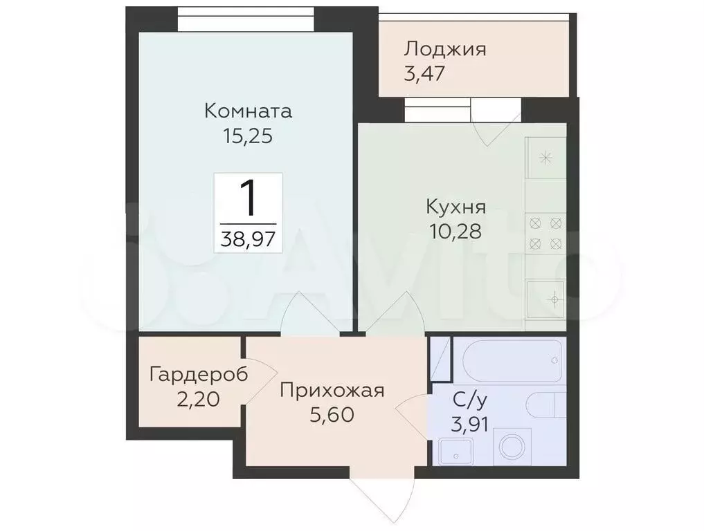 1-к. квартира, 39 м, 2/14 эт. - Фото 0