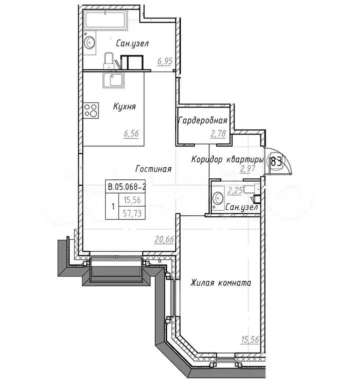 1-к. квартира, 57,7 м, 5/9 эт. - Фото 0