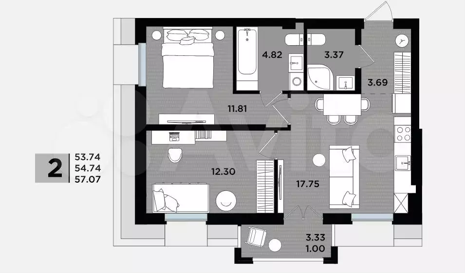 2-к. квартира, 54,7 м, 4/5 эт. - Фото 1