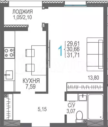 1-к. квартира, 30,7 м, 4/8 эт. - Фото 1