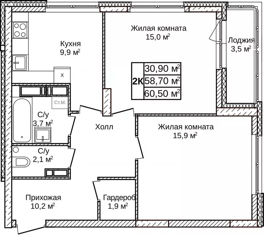 2-к кв. Нижегородская область, Нижний Новгород д. Ольгино,  (60.5 м) - Фото 1