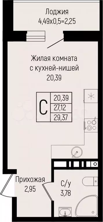 Квартира-студия, 29,4 м, 7/15 эт. - Фото 0