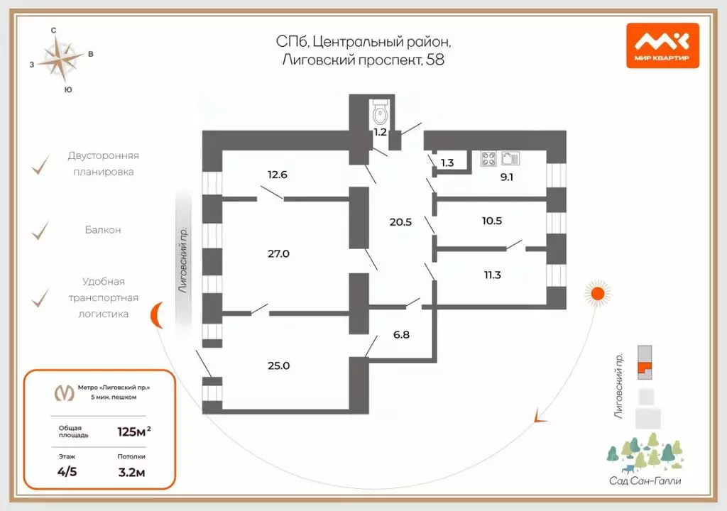 5-к кв. Санкт-Петербург Лиговский просп., 58 (125.0 м) - Фото 2
