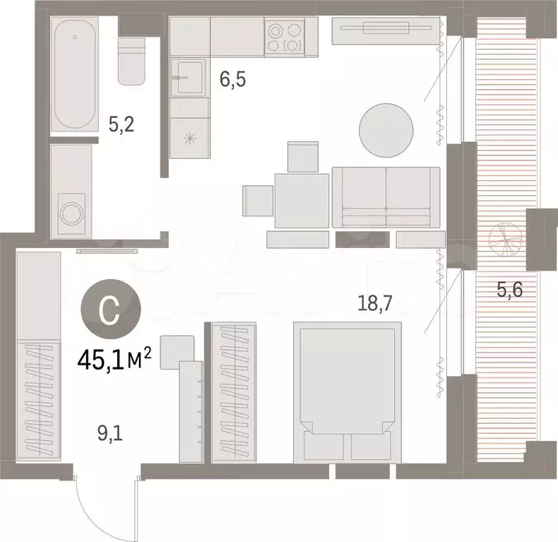 Квартира-студия, 45,1 м, 29/30 эт. - Фото 1