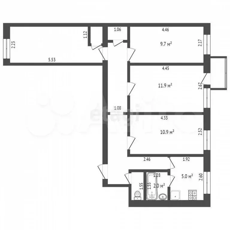 4-к. квартира, 66,5 м, 4/6 эт. - Фото 0