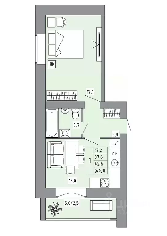 1-к кв. Костромская область, Кострома Калиновская ул., 28А (40.0 м) - Фото 0
