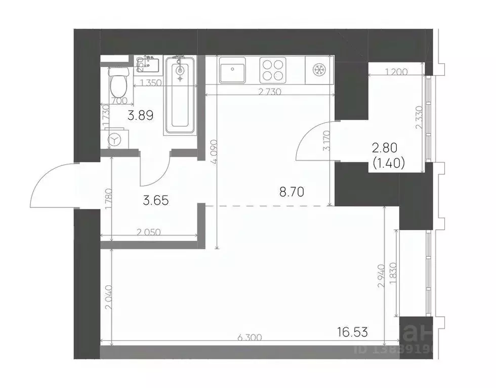 Студия Татарстан, Нижнекамск 15-й мкр, Калина жилой комплекс (34.17 м) - Фото 1