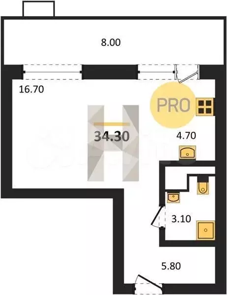 Квартира-студия, 34,3м, 6/15эт. - Фото 1