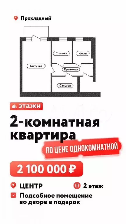 2-к. квартира, 31 м, 2/2 эт. - Фото 0