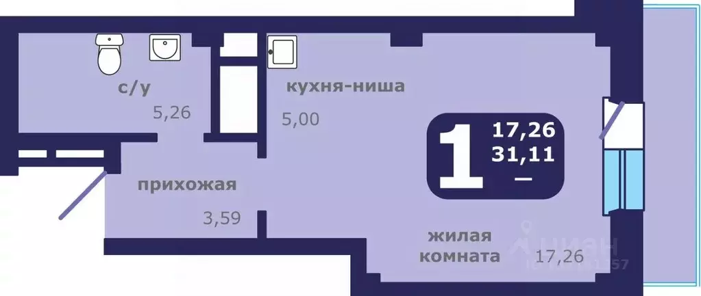 1-к кв. Красноярский край, Красноярск ул. Шевченко, 1 (31.11 м) - Фото 0