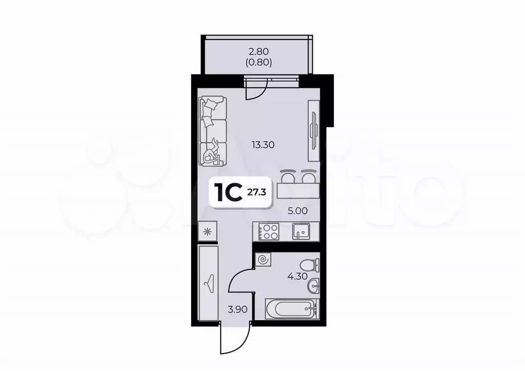 Квартира-студия, 27,3 м, 5/8 эт. - Фото 0