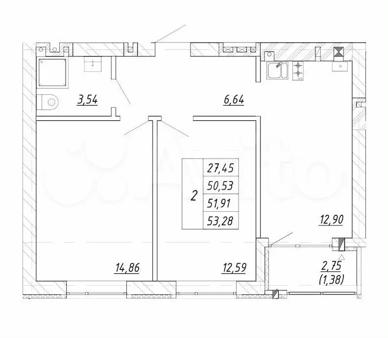 2-к. квартира, 51,9 м, 1/4 эт. - Фото 1